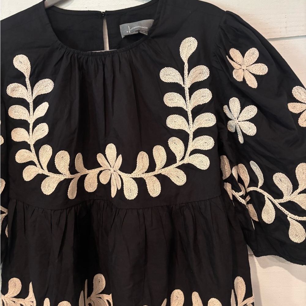 Anthropologie Black Peplum Blouse with Cream Floral Embroidery - Picture 5 of 13